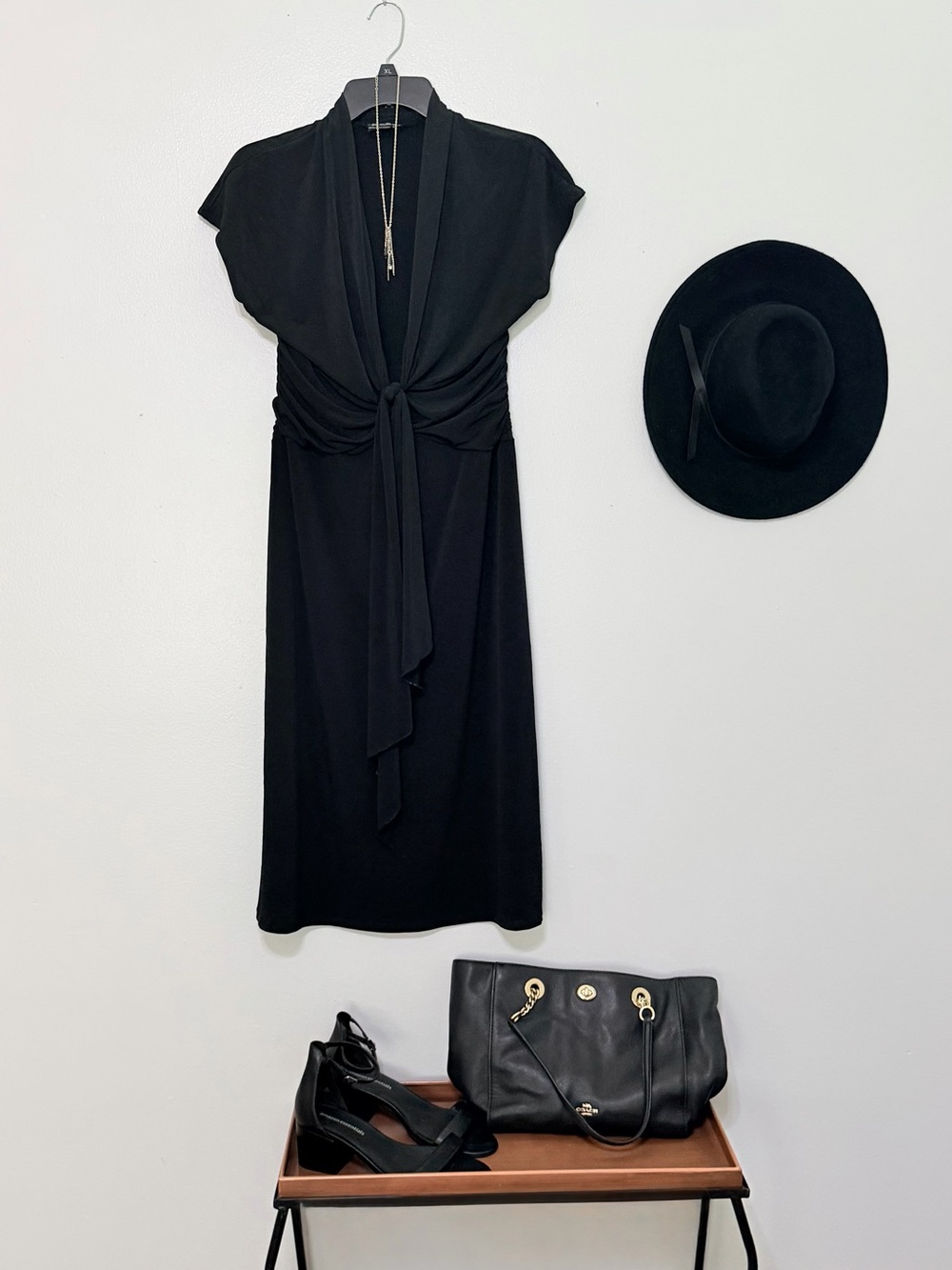 Knot-Front Black Midi Dress with Draped Detail